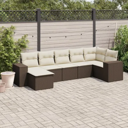 Salon de jardin avec coussins 7 pcs marron résine tressée