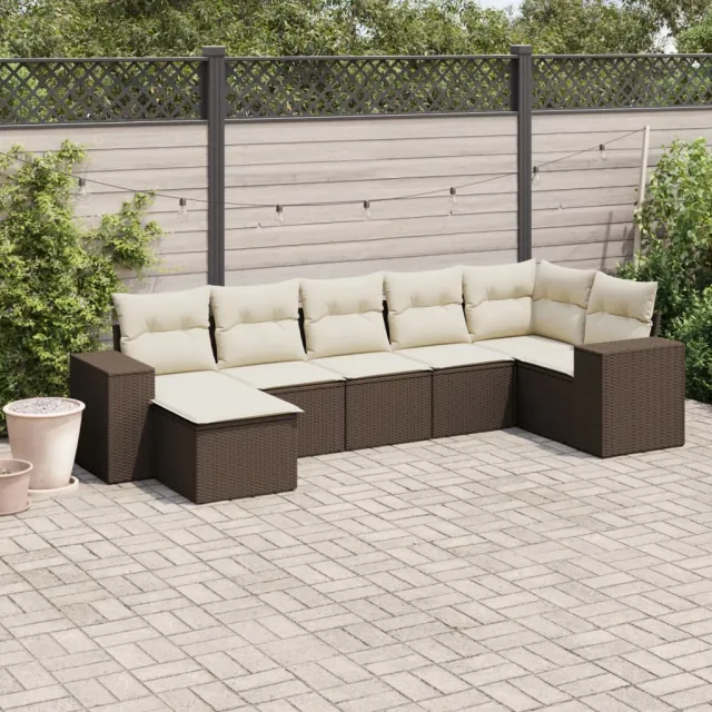 Salon de jardin avec coussins 7 pcs marron résine tressée