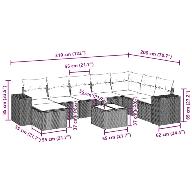 Salon de jardin 9 pcs avec coussins noir résine tressée