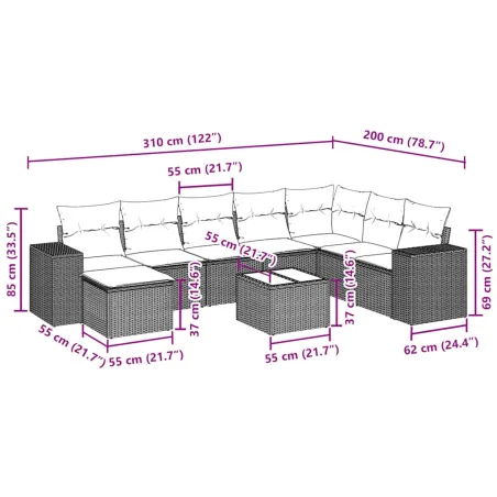 Salon de jardin 9 pcs avec coussins noir résine tressée