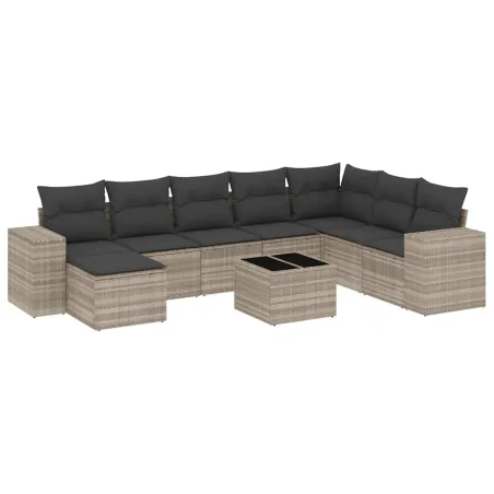 Salon de jardin 9 pcs avec coussins gris clair résine tressée