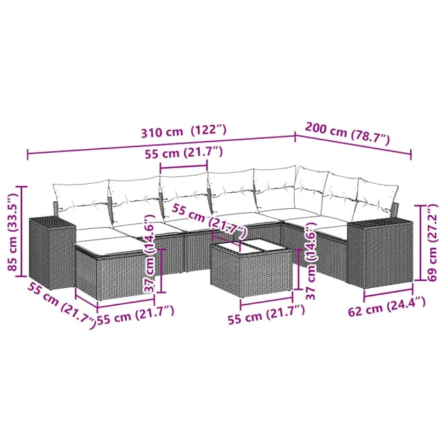 Salon de jardin 9 pcs avec coussins gris clair résine tressée