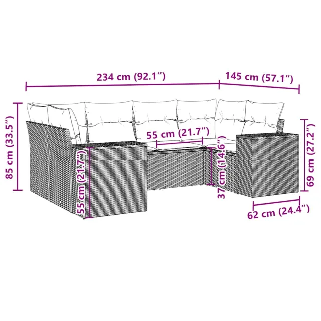 Salon de jardin 6 pcs avec coussins noir résine tressée