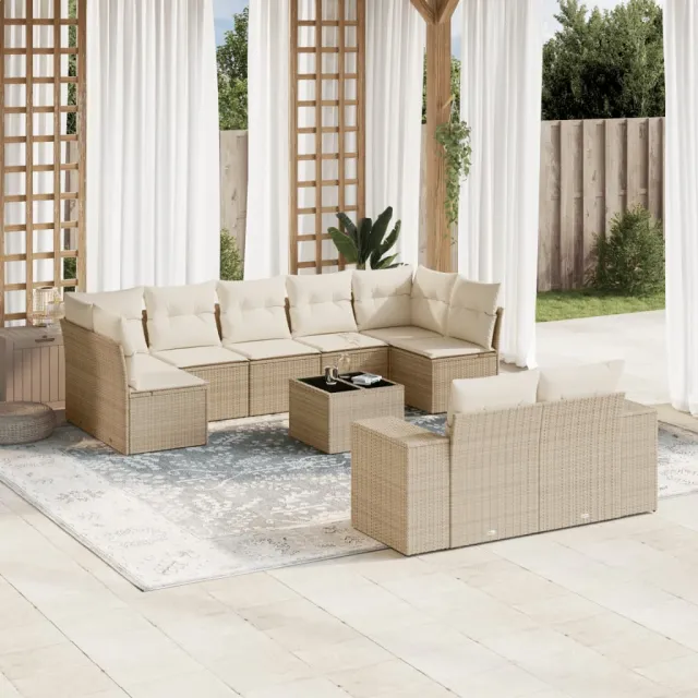 Salon de jardin avec coussins 10 pcs beige résine tressée