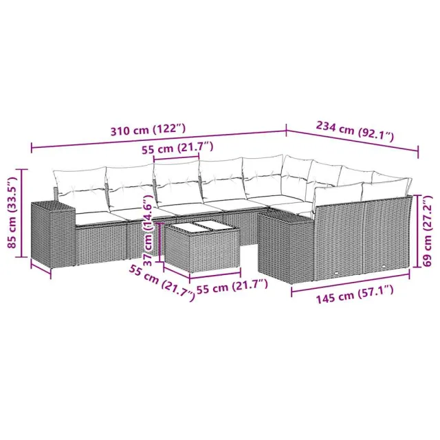 Salon de jardin 10 pcs avec coussins noir résine tressée