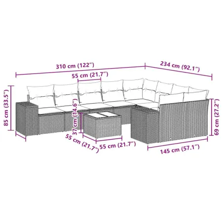 Salon de jardin 10 pcs avec coussins noir résine tressée