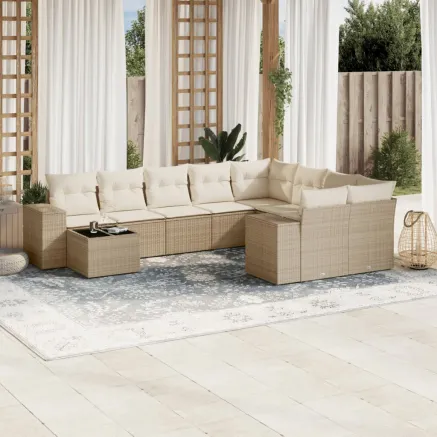 Salon de jardin avec coussins 10 pcs beige résine tressée