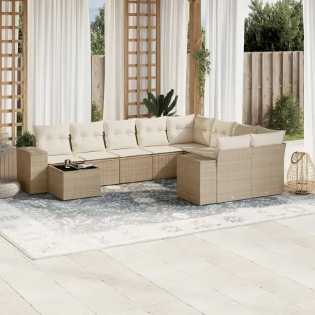 Salon de jardin avec coussins 10 pcs beige résine tressée