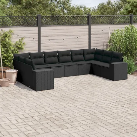 Salon de jardin 10 pcs avec coussins noir résine tressée