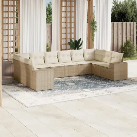 Salon de jardin avec coussins 10 pcs beige résine tressée