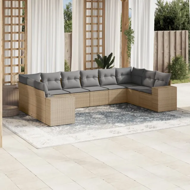 Salon de jardin avec coussins 10 pcs beige résine tressée
