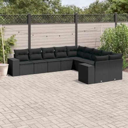 Salon de jardin 10 pcs avec coussins noir résine tressée
