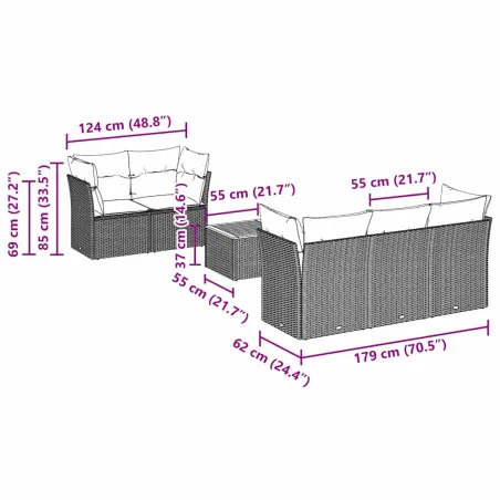 Salon de jardin 6 pcs avec coussins noir résine tressée