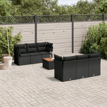 Salon de jardin 7 pcs avec coussins noir résine tressée