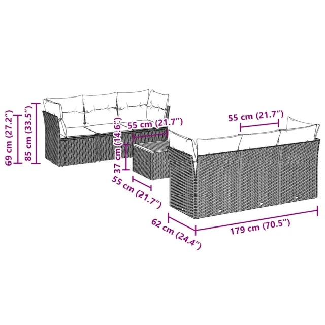 Salon de jardin 7 pcs avec coussins noir résine tressée