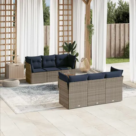 Salon de jardin 7 pcs avec coussins gris résine tressée