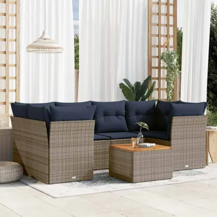 Salon de jardin 7 pcs avec coussins gris résine tressée