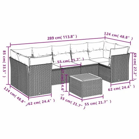 Salon de jardin 8 pcs avec coussins gris résine tressée