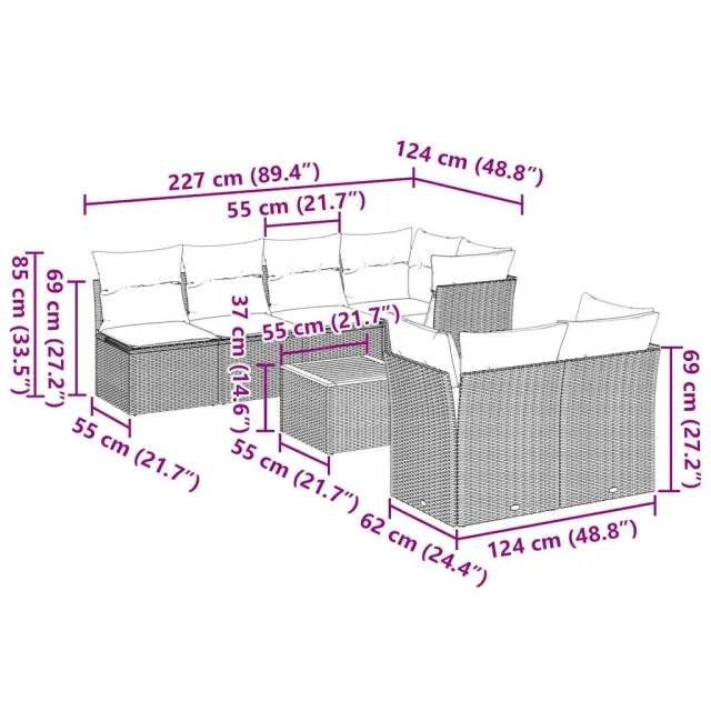 Salon de jardin 8 pcs avec coussins gris résine tressée
