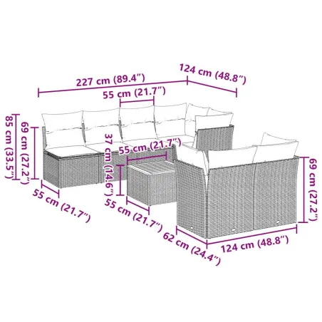 Salon de jardin 8 pcs avec coussins gris résine tressée