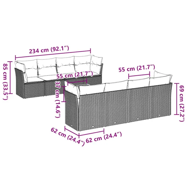 Salon de jardin 9 pcs avec coussins gris résine tressée