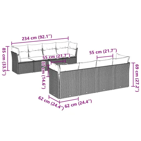 Salon de jardin 9 pcs avec coussins gris résine tressée