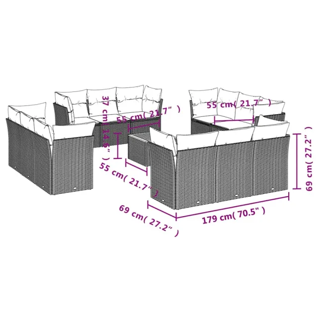 Salon de jardin avec coussins 13 pcs gris résine tressée