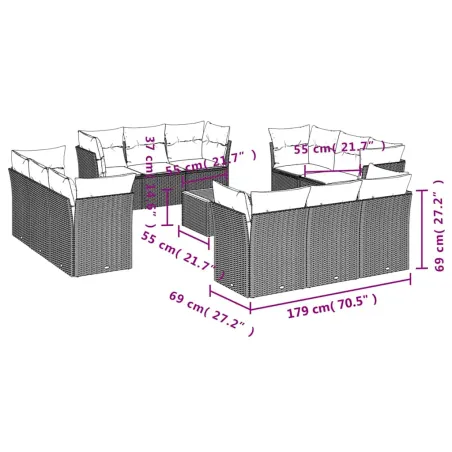Salon de jardin avec coussins 13 pcs gris résine tressée