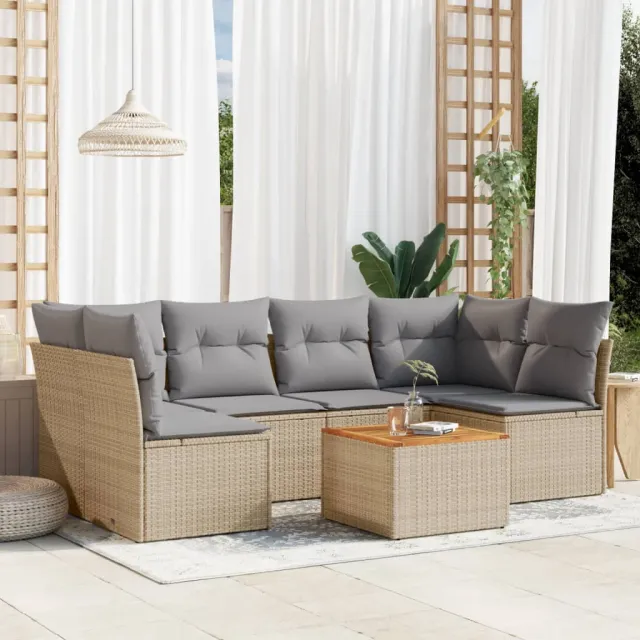 Salon de jardin avec coussins 7pcs mélange beige résine tressée