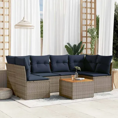 Salon de jardin 7 pcs avec coussins gris résine tressée