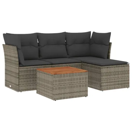 Salon de jardin 5 pcs avec coussins gris résine tressée 2