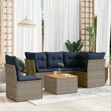 Salon de jardin 6 pcs avec coussins gris résine tressée