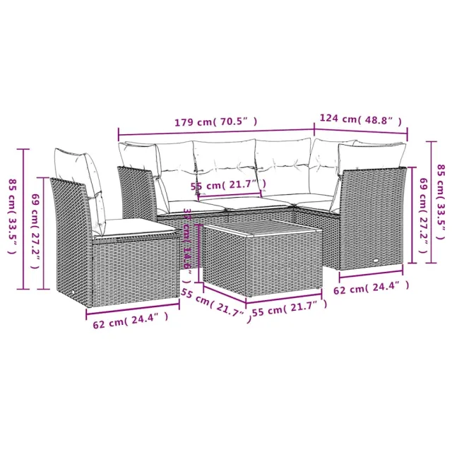 Salon de jardin 6 pcs avec coussins gris résine tressée