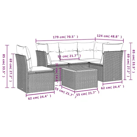 Salon de jardin 6 pcs avec coussins gris résine tressée