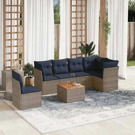 Salon de jardin 7 pcs avec coussins gris résine tressée
