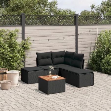 Salon de jardin 6 pcs avec coussins noir résine tressée
