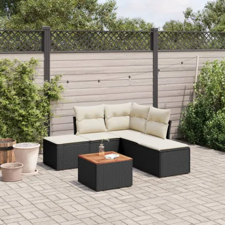 Salon de jardin 6 pcs avec coussins noir résine tressée