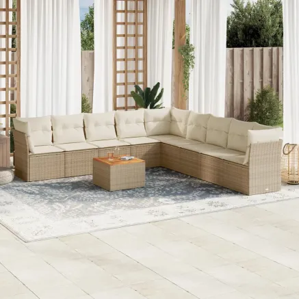 Salon de jardin avec coussins 10 pcs beige résine tressée