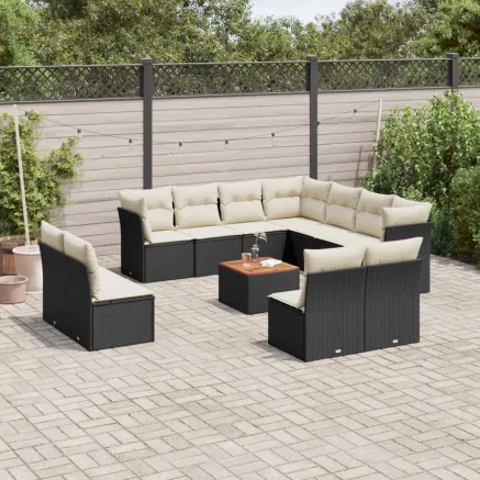 Salon de jardin 12 pcs avec coussins noir résine tressée