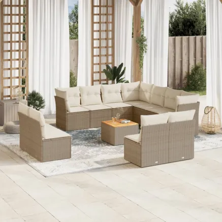 Salon de jardin avec coussins 12 pcs beige résine tressée