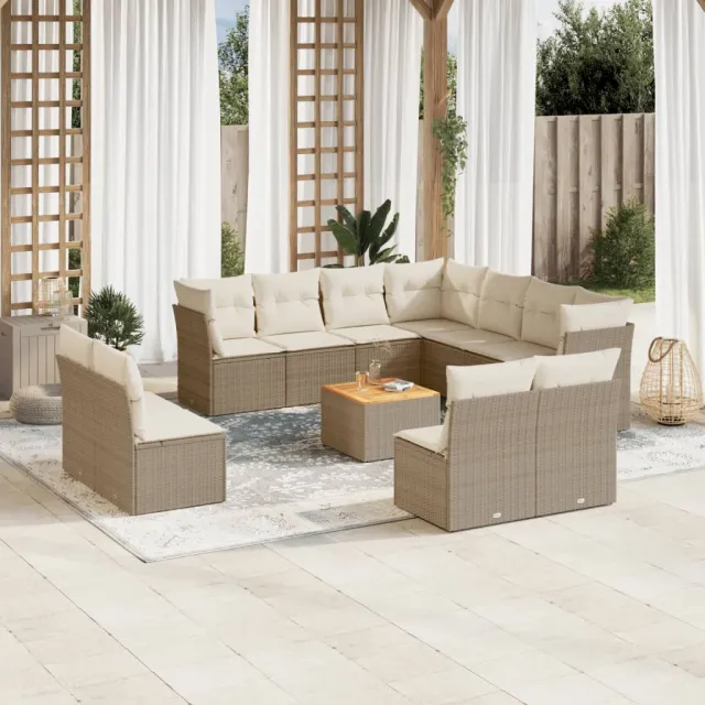 Salon de jardin avec coussins 12 pcs beige résine tressée