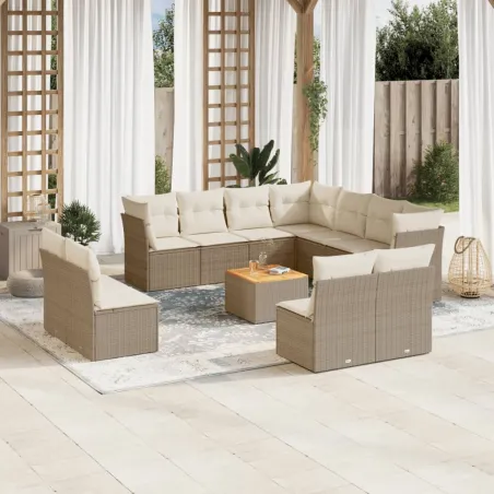 Salon de jardin avec coussins 12 pcs beige résine tressée