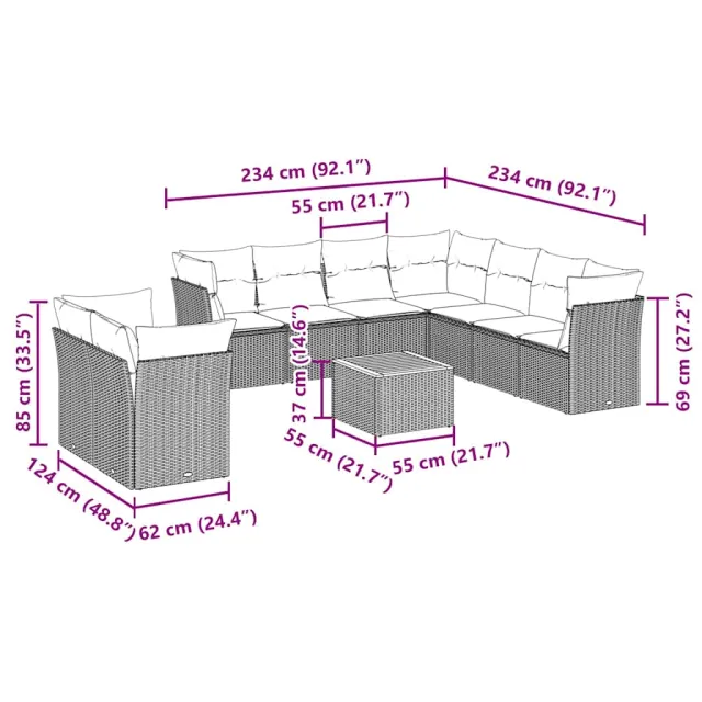 Salon de jardin 11 pcs avec coussins noir résine tressée