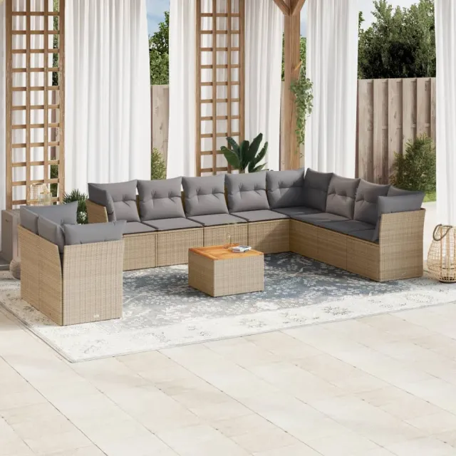 Salon de jardin et coussins 11 pcs mélange beige résine tressée