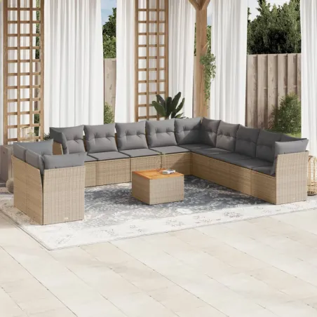 Salon de jardin et coussins 12 pcs mélange beige résine tressée