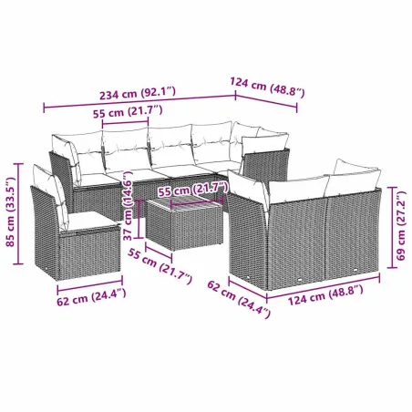 Salon de jardin 9 pcs avec coussins noir résine tressée