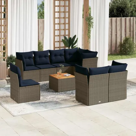 Salon de jardin 9 pcs avec coussins gris résine tressée