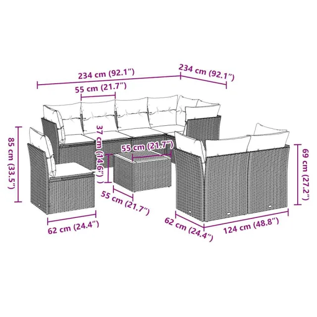 Salon de jardin 9 pcs avec coussins gris résine tressée