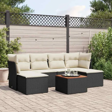 Salon de jardin 7 pcs avec coussins noir résine tressée