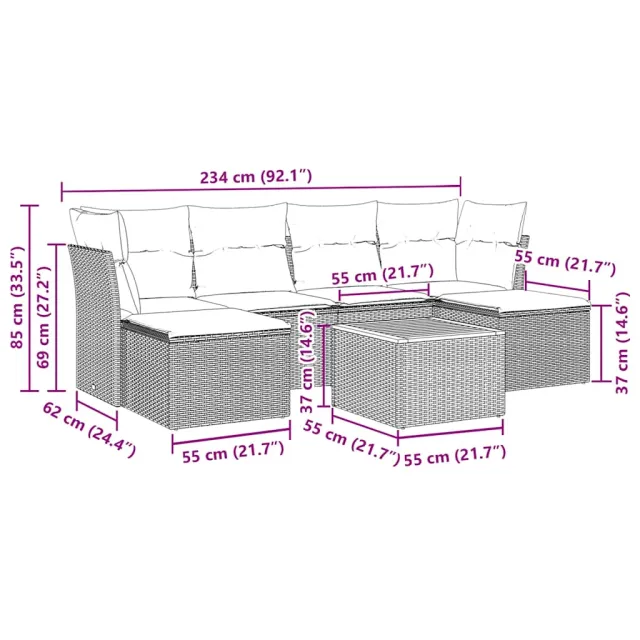 Salon de jardin 7 pcs avec coussins noir résine tressée